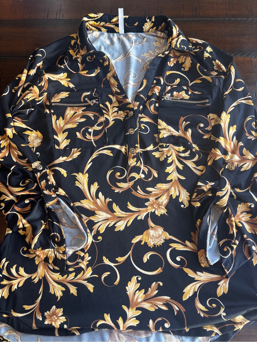 DNA couture Black Satin Blouse with Gold Baroque Swirl Print